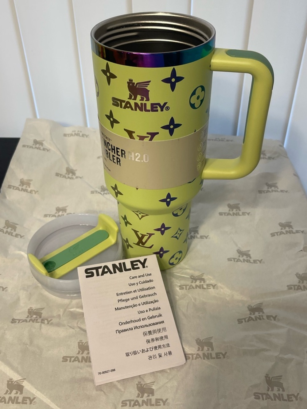 Custom Stanley Lime Green Patterned Insulated Tumbler with Handle - Picture 2 of 3